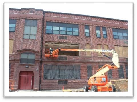 Camden Cramer Elementary School - view of original windows, replacement work, and new windows